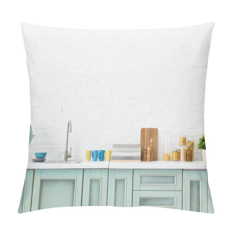 Personality  Modern White And Turquoise Kitchen Interior With Kitchenware Near Brick Wall Pillow Covers