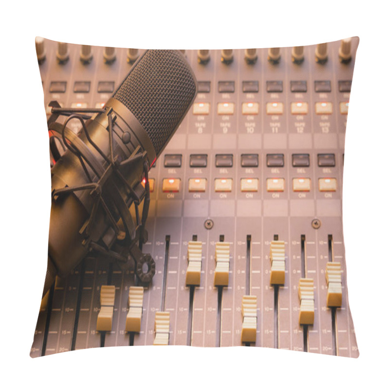 Personality  Condenser Microphone On Sound Mixing Console. Recording, Broadcasting Concept Pillow Covers