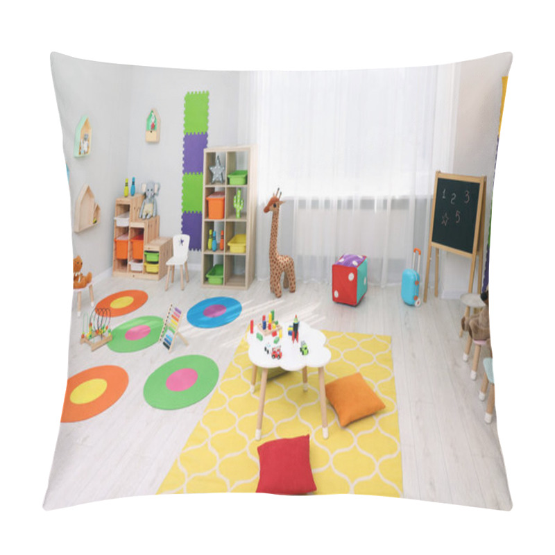 Personality  Child`s Playroom With Different Toys And Furniture. Cozy Kindergarten Interior Pillow Covers