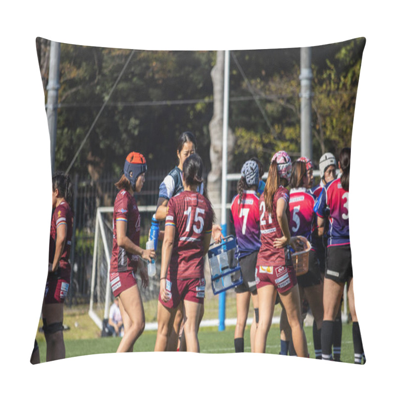 Personality  Tokyo, Japan, 4 November 2023: Women's Rugby Team Gathering During A Match Break Pillow Covers