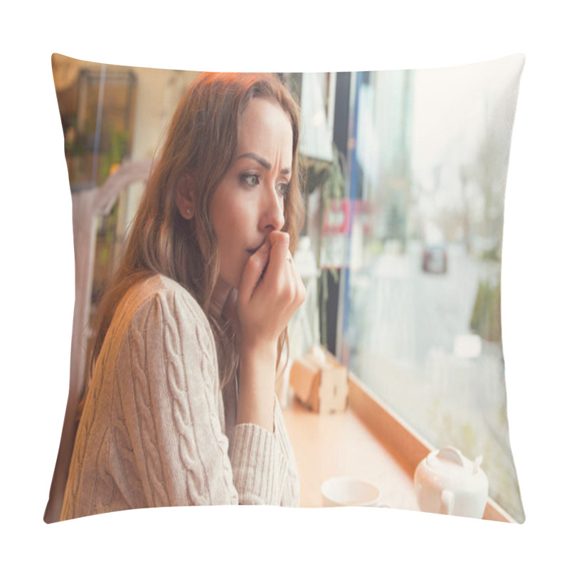 Personality  Nervous Worried Young Woman Biting Nails And Looking Away Sitting Alone In A Coffee Shop Pillow Covers