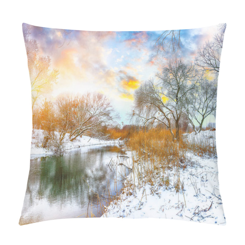 Personality  Winter Landscape By A River In The Sunset Pillow Covers