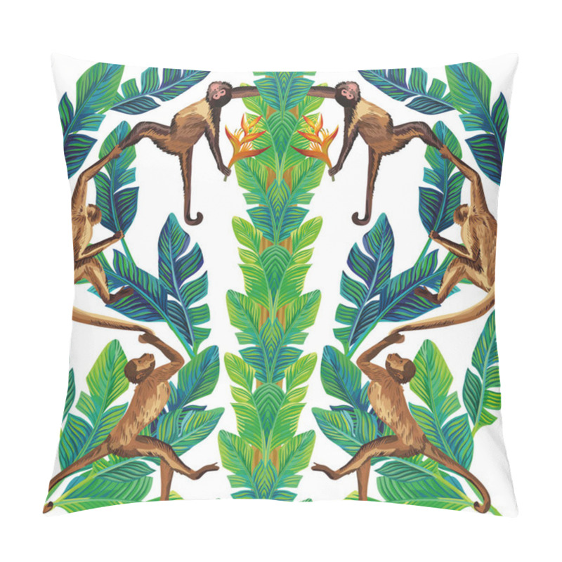 Personality  Mirror Monkey Palm Leaves Composition Seamless White Background Pillow Covers