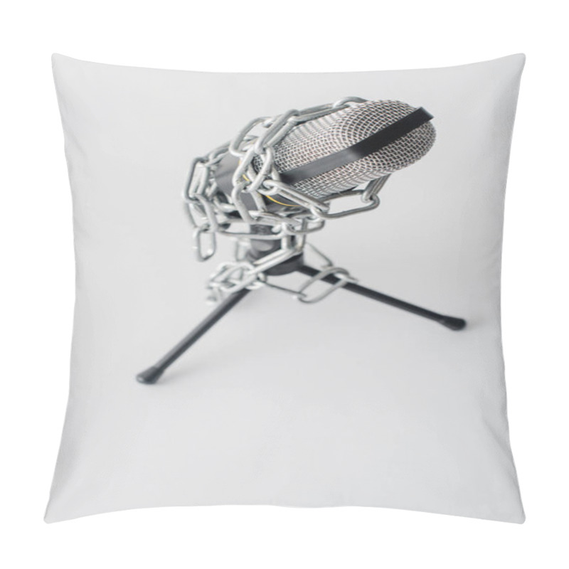 Personality  Selective Focus Of Microphone In Metallic Chains Isolated On White, Freedom Of Speech Concept  Pillow Covers