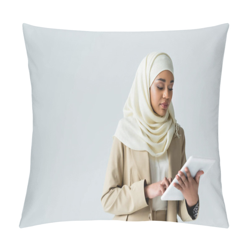 Personality  Young Muslim Woman In Hijab Using Digital Tablet Isolated On Grey Pillow Covers