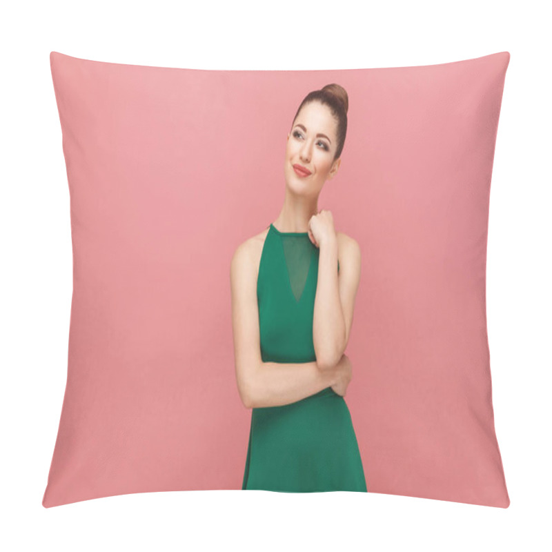 Personality  Pensive Beautiful Woman With Collected Hair In Green Dress Dreaming And Looking Up On Pink Background Pillow Covers