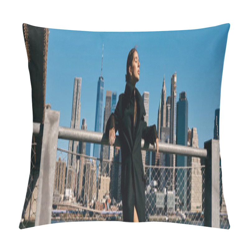 Personality  A Young Woman Dances On The Brooklyn Bridge, Facing The Manhattan Skyline. Pillow Covers