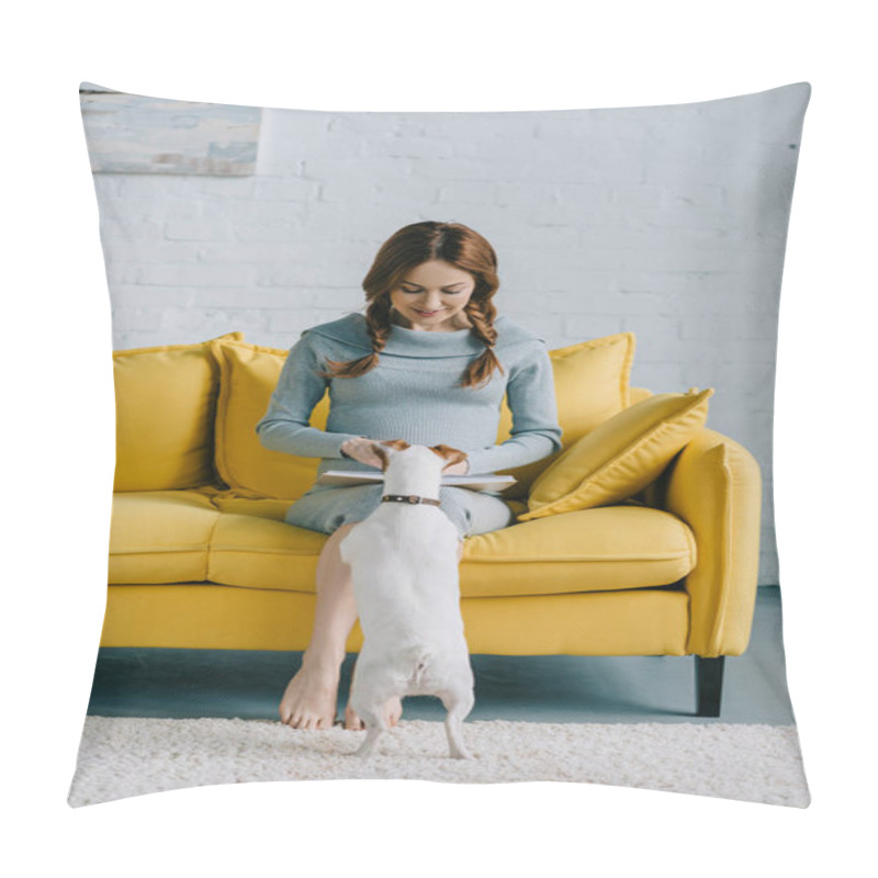 Personality  Attractive Pregnant Woman Reading Book And Palming Jack Russell Terrier In Living Room Pillow Covers