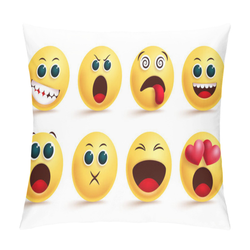 Personality  Smiley Emoticon Vector Set. Smileys Emoji And Yellow Face Emoticons With Dizzy, Shouting, In Love And Happy Cute Facial Expressions For Design Elements. Vector Illustration. Pillow Covers