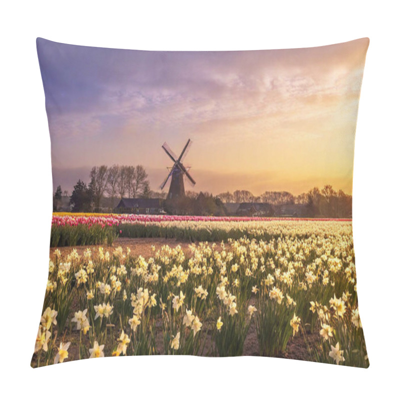 Personality  Nature's Palette: A Painterly Scene Of A Daffodil And Tulip Field Captured In The Warm Glow Of Sunset. A Vintage Windmill Sits Nestled In The Far Background, Completing The Idyllic Landscape. Pillow Covers