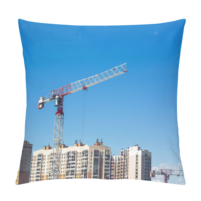 Personality  Large Construction Site Including Several Cranes Working On A Building Complex, Workers, Construction Gear, Tools And Equipment, And    Sky As Background. Pillow Covers