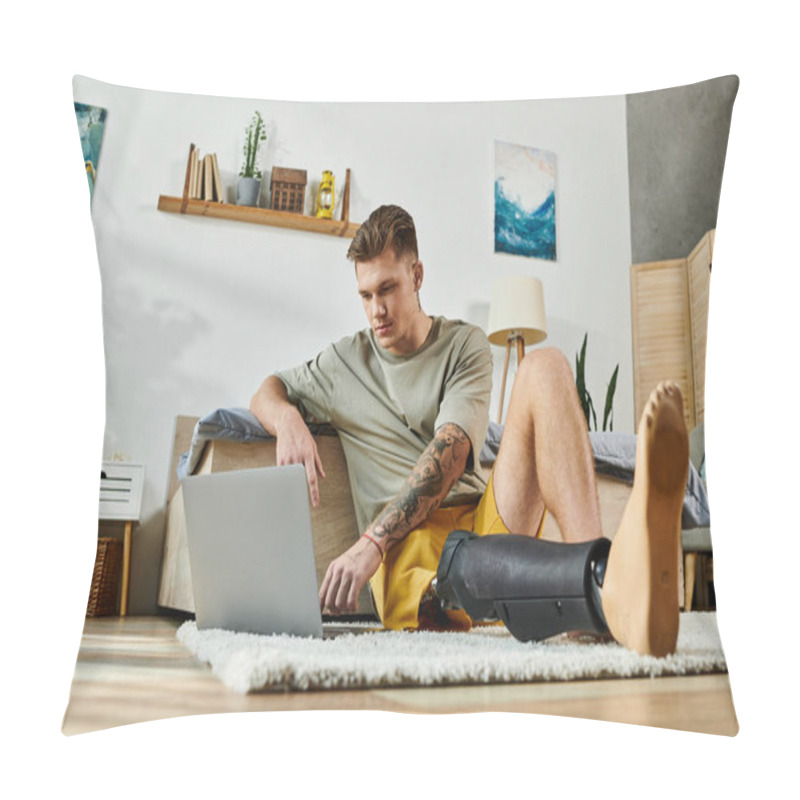 Personality  A Young Man Works On His Laptop, Showcasing Determination And Creativity In His Cozy Space. Pillow Covers