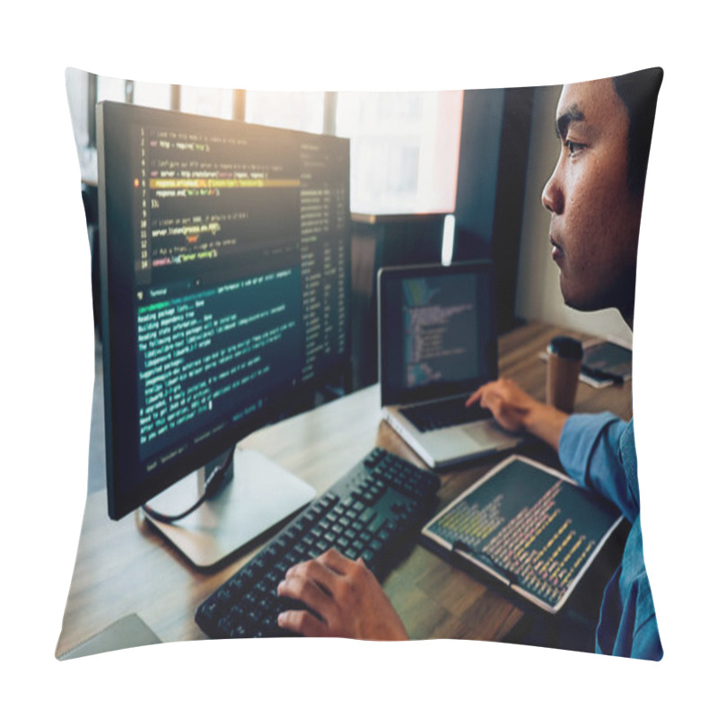 Personality  Programmer Working In A Software Development And Coding Technologies. Website Design.Technology Concept. Pillow Covers