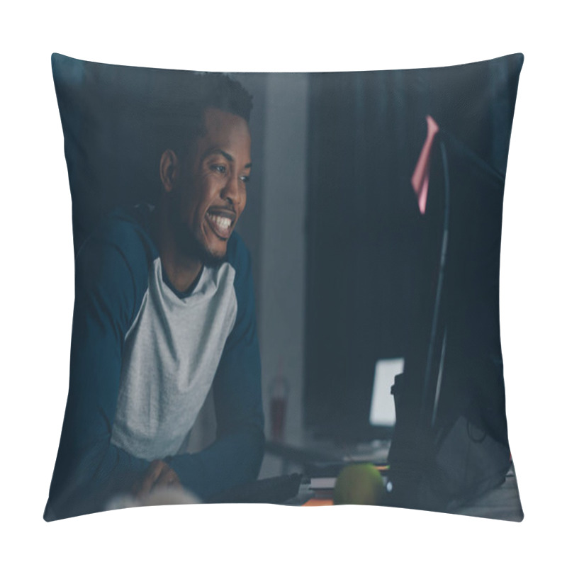 Personality  Cheerful African American Programmer Smiling While Looking At Computer Monitor Pillow Covers