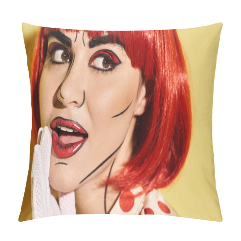 Personality  Close-up View Of A Pretty Redhead Woman With Creative Pop Art Makeup And Polka Dot Blouse On A Yellow Background. Pillow Covers