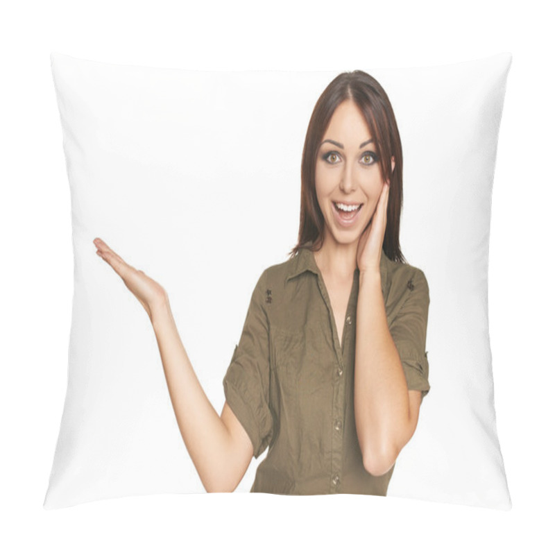 Personality  Surprised Young Woman Showing Open Hand Palm Pillow Covers