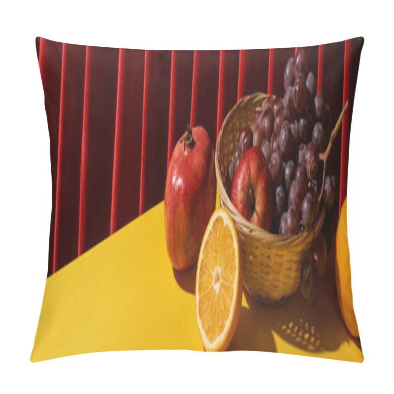 Personality  Classic Still Life With Fruits In Wicker Basket On Yellow Table Near Red Curtain, Panoramic Shot Pillow Covers