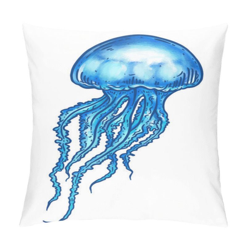 Personality  Hand Drawn Blue Jellyfish Isolated Over Whie. Medusa With Long Tentacles Line Art Vector Illustration. Sea Nature, Underwater Life Animal. Pillow Covers