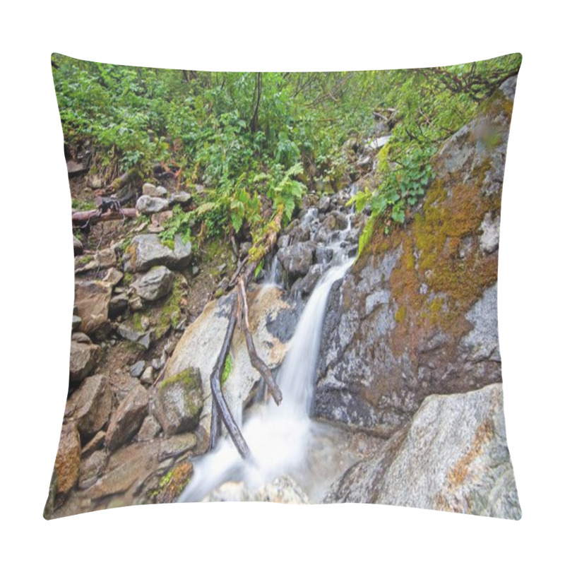 Personality  Small Waterfall With Long Exposure Creating Silky Water Effect In Lush Green Forest Duirng Daytime Pillow Covers