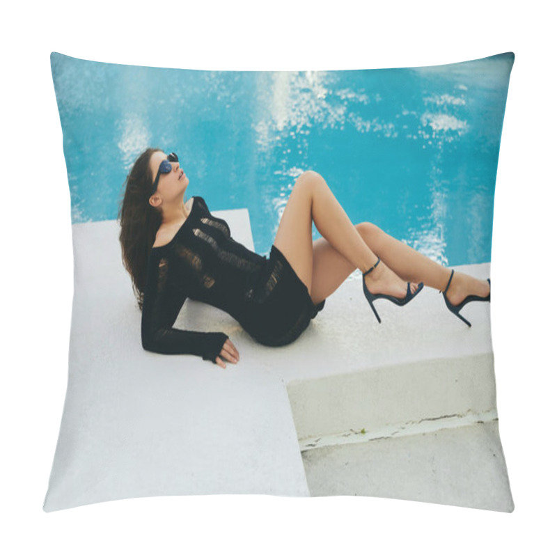 Personality  Sunkissed, Seductive Brunette Woman With Tanned Skin In Black Knitted Dress, Sunglasses And High Heels Posing Next To Outdoor Swimming Pool With Blue Water In Miami, Summer Getaway  Pillow Covers