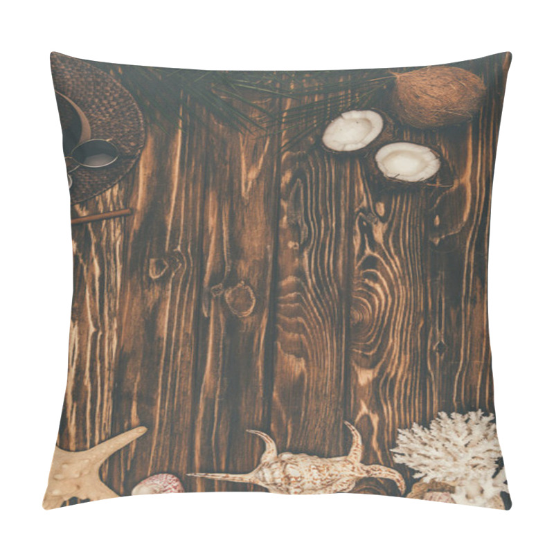 Personality  Top View Of Seashells With Coconuts And Straw Hat On Wooden Surface Pillow Covers