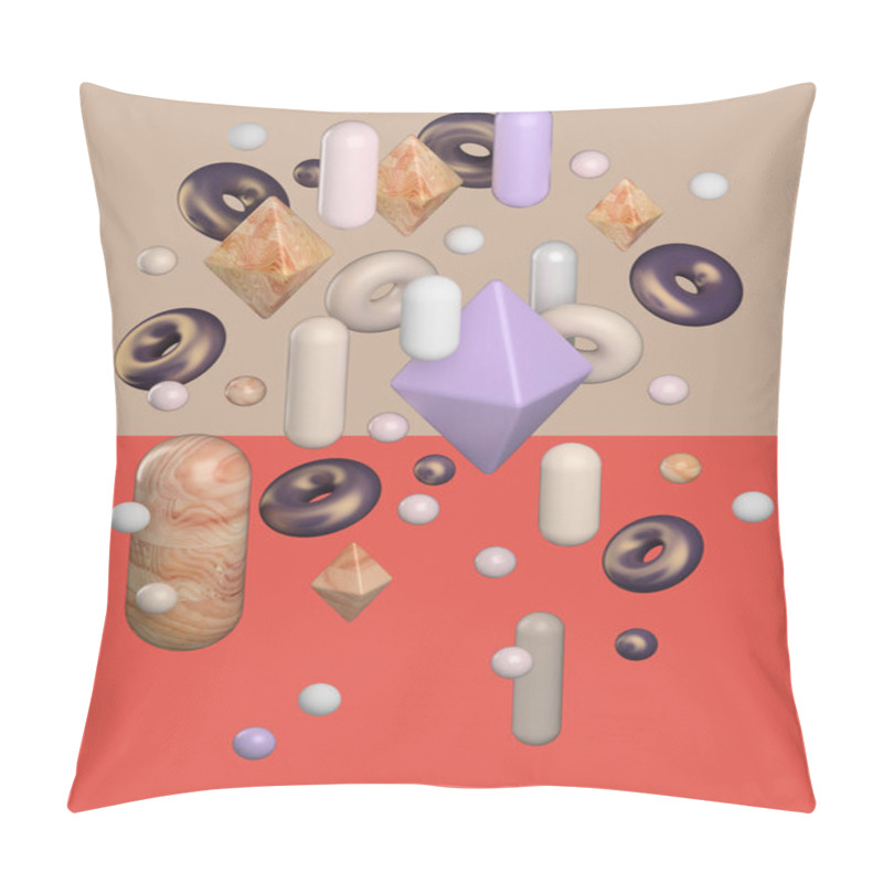 Personality  3d Rendering Of A Group Of Abstract Objects. Wooden, Plastic And Metal Materials.  Composition Spheres, Donuts, Capsules And Octahedrons. Two-tone Background Split By Horizontal, Orange And Beige Fill Pillow Covers