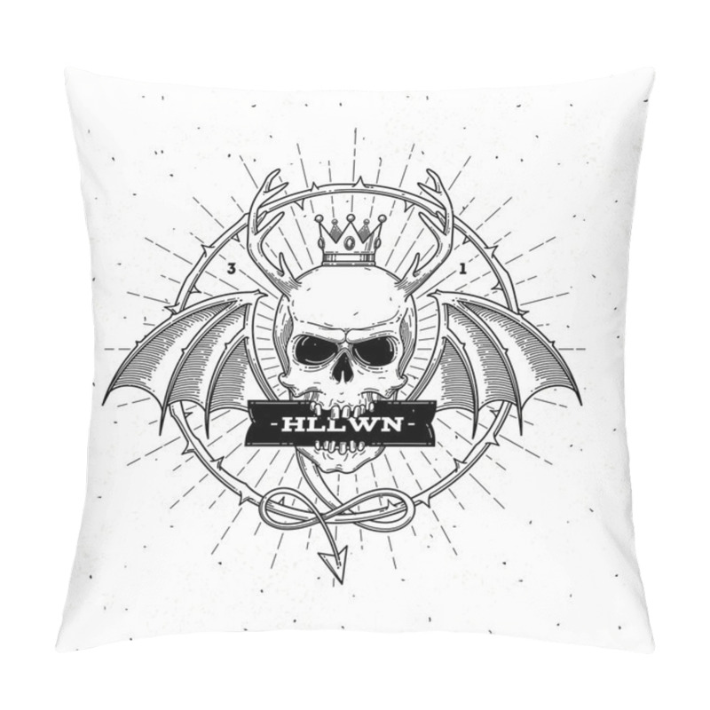 Personality  Horned Skull With Wings - Line Art Halloween Vector Illustration Pillow Covers