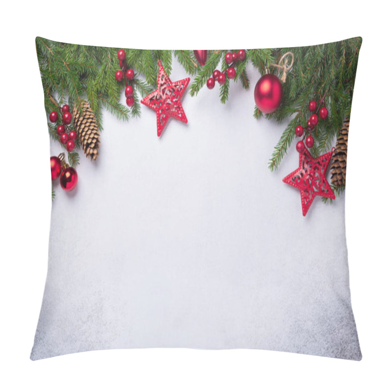 Personality  Christmas Background With Fir Tree And Red Gifts. Top View Copy Space Pillow Covers