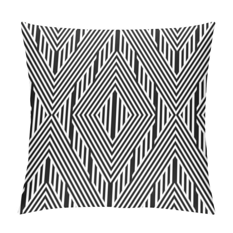 Personality  Seamless Pattern With Striped Black White Straight Lines And Diagonal Inclined Lines (zigzag, Chevron). Optical Illusion Effect, Op Art. Background For Cloth, Fabric, Textile, Tartan. Pillow Covers