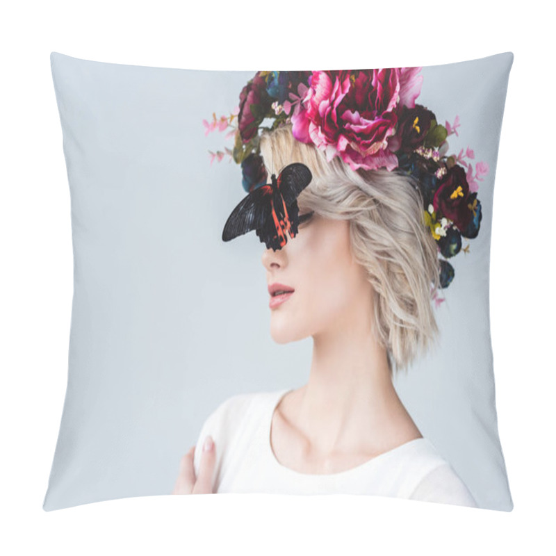 Personality  Stylish Girl Posing In Floral Wreath With Beautiful Alive Butterfly On Face, Isolated On Grey Pillow Covers