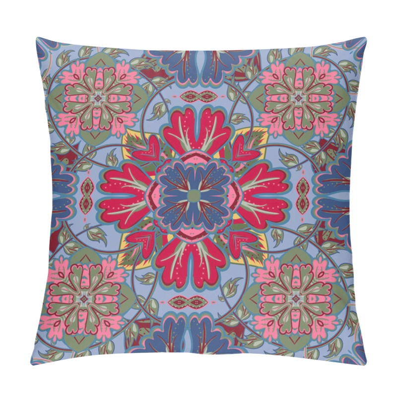 Personality  Colorful, Glaze Seamless Pattern Of Mandalas. Vector Oriental Pattern On A Bright Blue Red Pink Tones. Fairy Floral Pattern Of Circular Elements.Can Be Used For Textiles, Carpet, Tile, Shawl. Pillow Covers