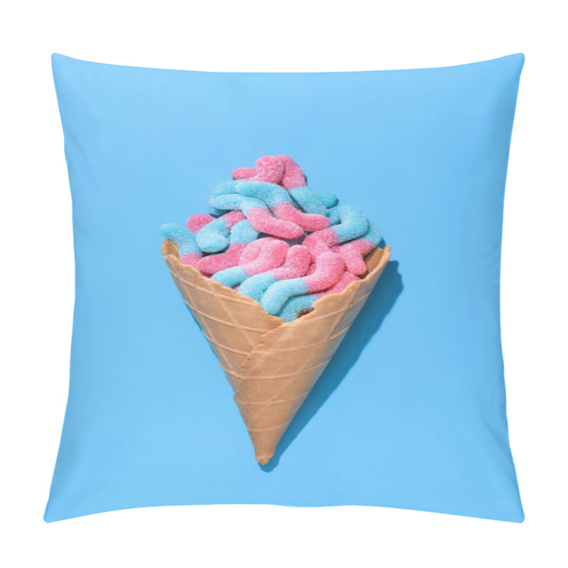 Personality  Top View Of Delicious Gummy Worms In Waffle Cone On Blue Pillow Covers