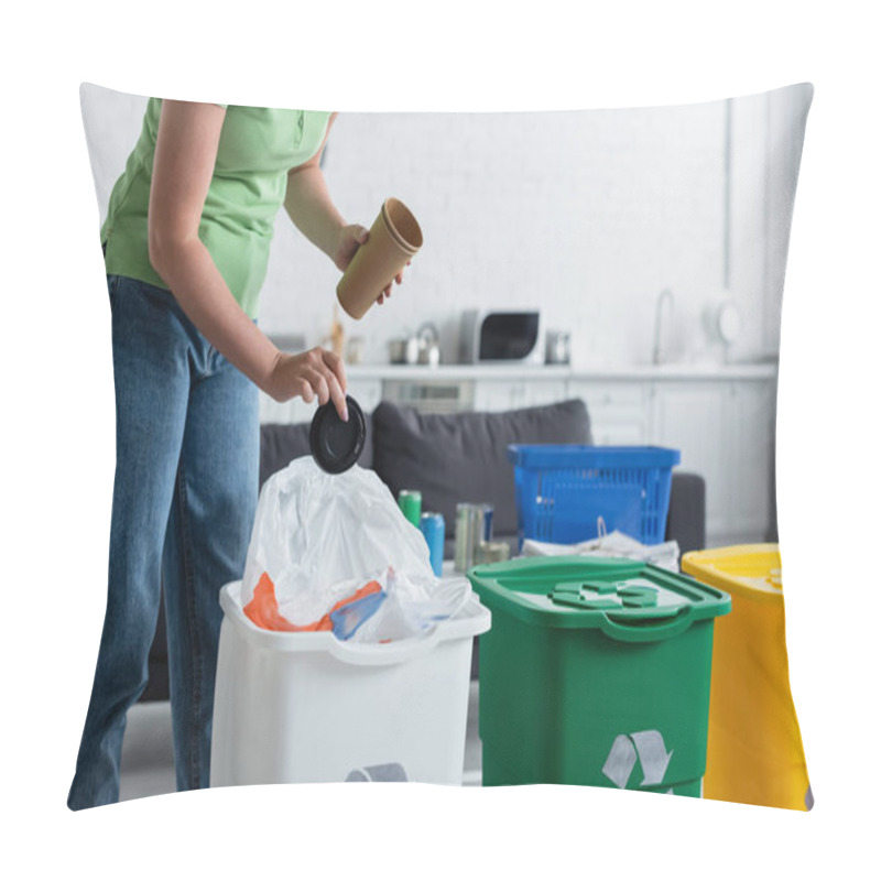 Personality  Cropped View Of Woman Holding Trash Near Can With Recycling Sign In Kitchen  Pillow Covers