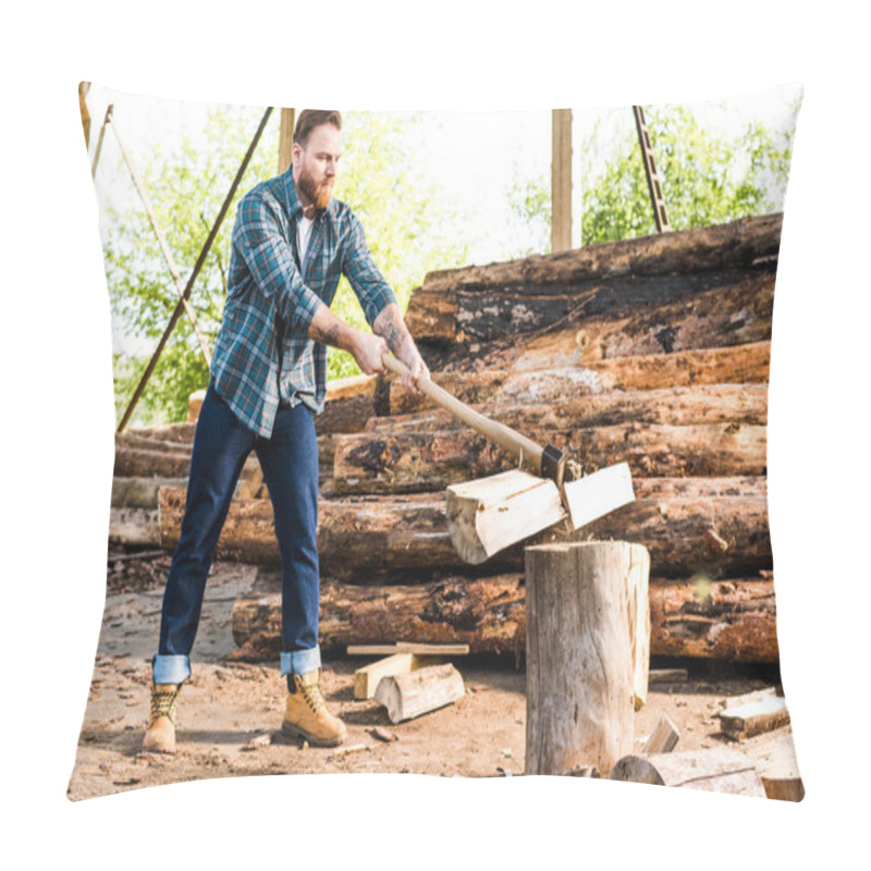 Personality  Lumberjack In Checkered Shirt Chopping Log At Sawmill  Pillow Covers