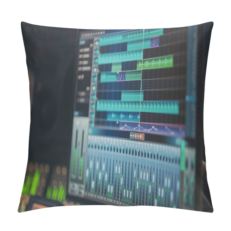 Personality  Modern Music Recording Studio Equipment: Computer Screen Showing User Interface Of DAW Digital Audio Workstation Software With Track Song Playing. Sound And Music Recording And Editing Application Pillow Covers