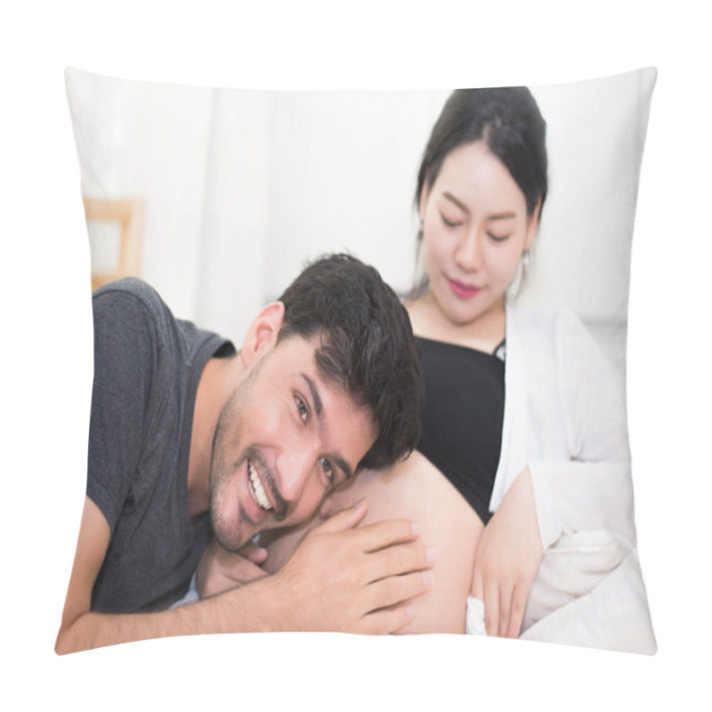 Personality  Father Hearing His Son Or Daughter Kicking Sound Inside Mother Belly When Sitting On Lying On Bed At Home. Family And Lovers Concept. Happy Sweet Home And Wedding Theme Pillow Covers