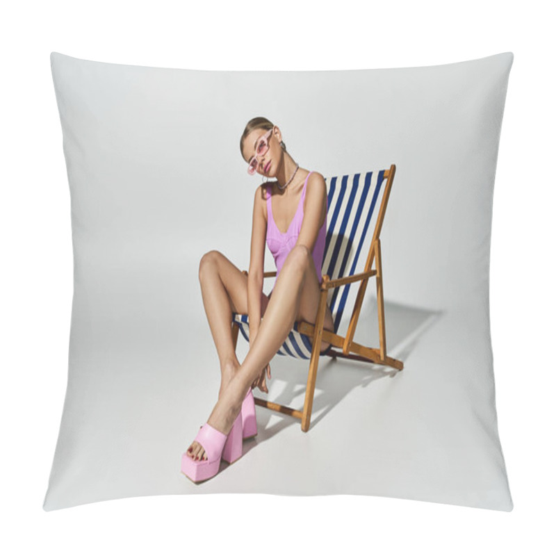 Personality  Stylish Blonde Woman In Pink Bikini Relaxes On A Beach Chair. Pillow Covers