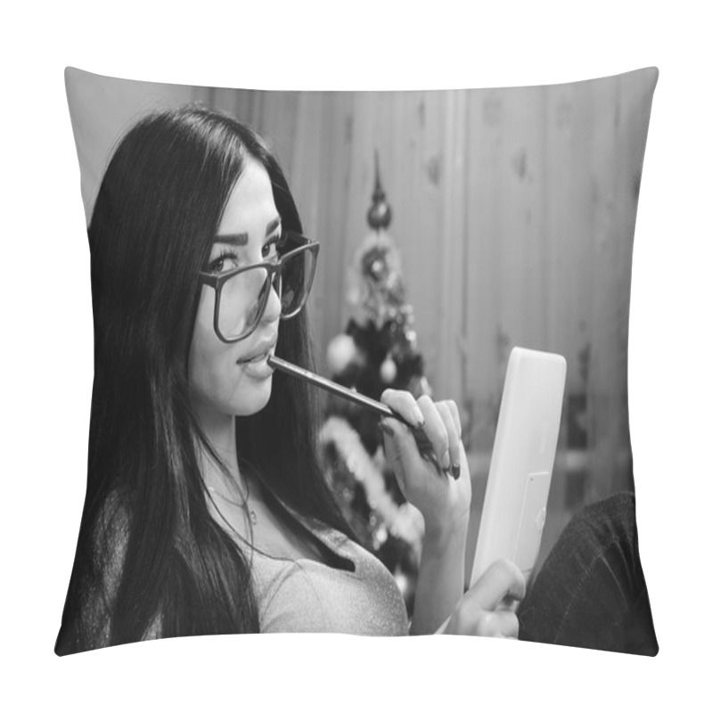 Personality  Picture Of Sexy Pretty Girl In Glasses Holding A Tablet Pc Computer Relaxing Sitting On Chair And Flirty Looking At Camera Pillow Covers