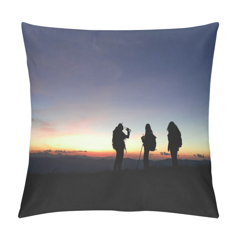 Personality  Silhouettes Of Group Hikers People With Backpacks Enjoying Sunset View From Top Of A Mountain. Travel Concept, Vintage Filtered Image. Pillow Covers