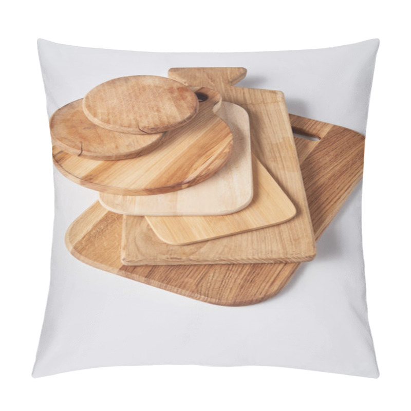 Personality  High Angle View Of Stack Of Different Wooden Cutting Boards On White Table Pillow Covers