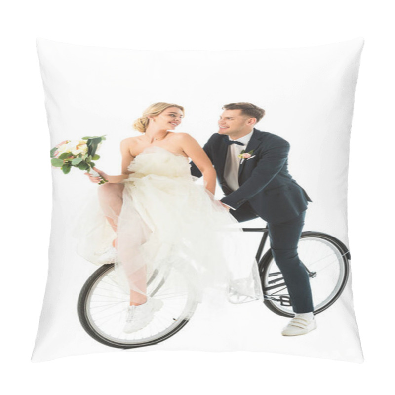 Personality  Happy Bride With Wedding Bouquet Sitting On Bicycle Together With Smiling Groom Isolated On White Pillow Covers