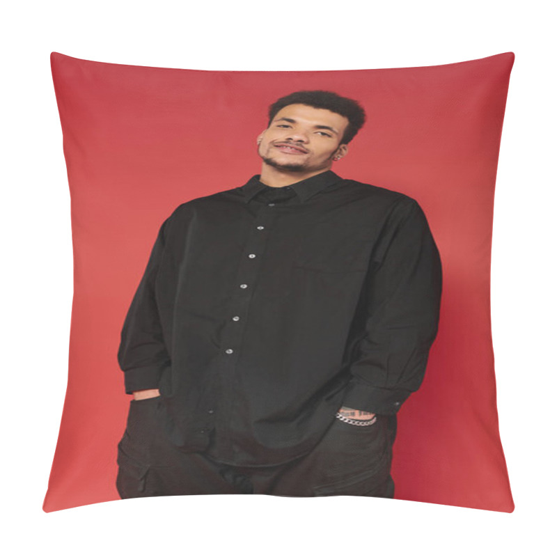 Personality  A Handsome Young Man Stands Relaxed With A Smile, Dressed In A Stylish Black Shirt. Pillow Covers