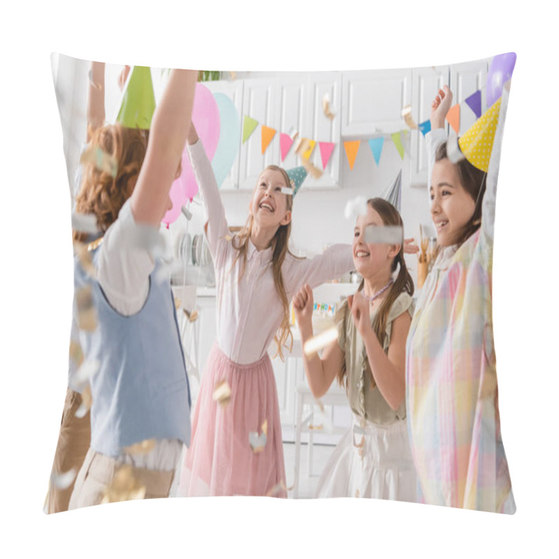 Personality  Group Of Excited Kids In Party Caps Dancing Under Falling Confetti During Birthday Celebration At Home  Pillow Covers