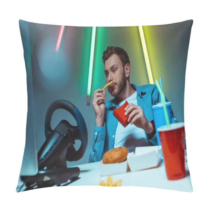 Personality  Handsome And Good-looking Man Eating French Fries And Looking At Computer Monitor  Pillow Covers