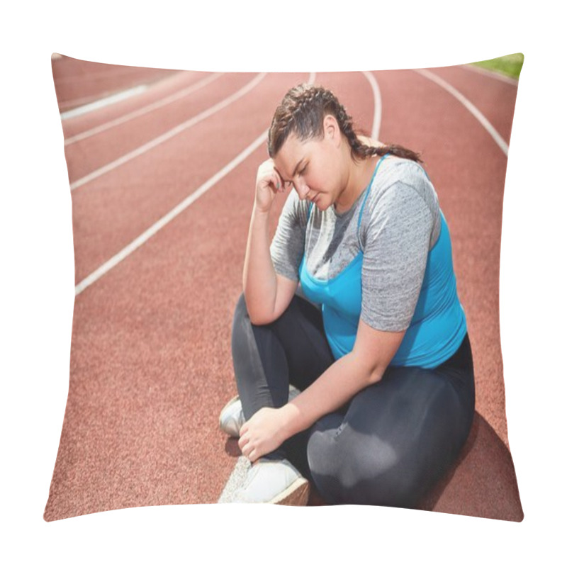 Personality  Stressed Fat Female In Activewear Leaning On Her Hand While Sitting On Racetrack Pillow Covers