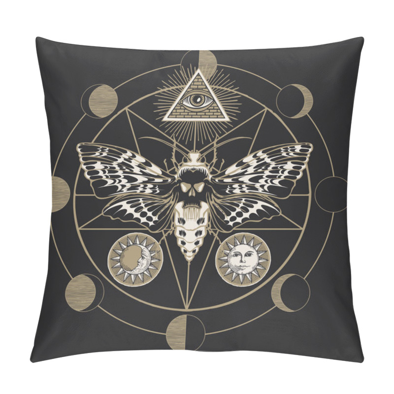 Personality  Hand-drawn Scary Butterfly Moth Dead Head On The Background Of Magical Symbols Pentagram, Moon Phases In A Circle. Witchcraft, Occult Attributes, Alchemical Signs. Pillow Covers