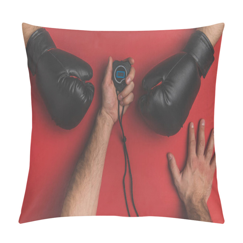 Personality  Cropped Shot Of Fighter In Gloves And His Trainer With Stopwatch On Red Tabletop Pillow Covers