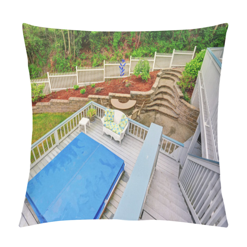 Personality  Two Level Backyard Deck With Jacuzzi On The First Floor And Patio Area On The Second One Pillow Covers