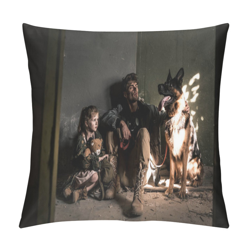 Personality  Handsome Man And Kid With Teddy Bear Sitting On Floor With German Shepherd Dog, Post Apocalyptic Concept Pillow Covers