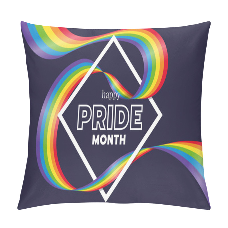 Personality  Happy Pride Month Text Word In Diamond Square Frame And Rainbow Gay Pride Flag Wave Around On Dark Purple Background Vector Design Pillow Covers